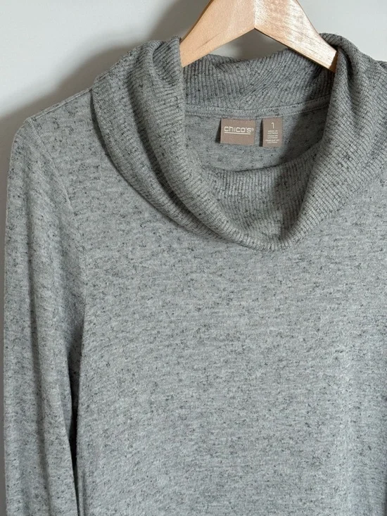 Chico’s Grey Heathered Cowl Neck Crossover Hem Long Sleeve Sweater Size 1 - Picture 3 of 12